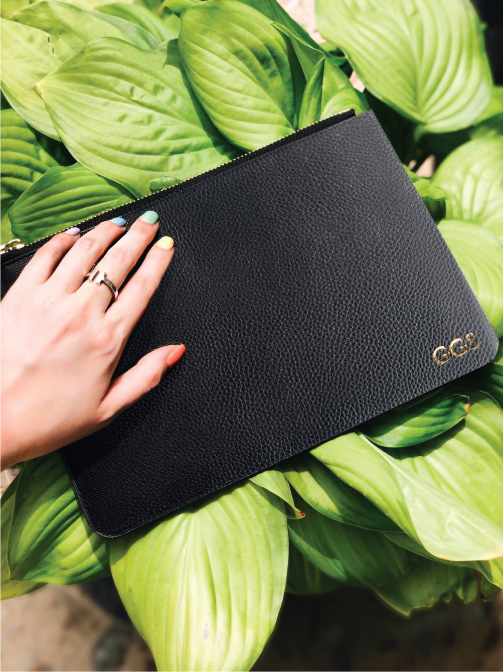 Black Leather Clutch Bold Serif